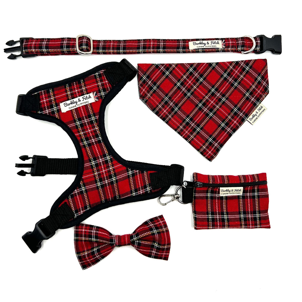 Red plaid dog harness, bandana, bow tie, and pouch on a white background handmade by barkley and fetch uk
