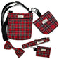 Red plaid pet accessory set including a bag, collar, leash, and bandana on a white background handmade by barkley and fetch uk