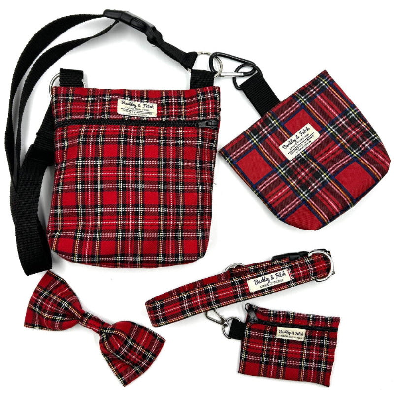 Red plaid pet accessory set including a bag, collar, leash, and bandana on a white background handmade by barkley and fetch uk