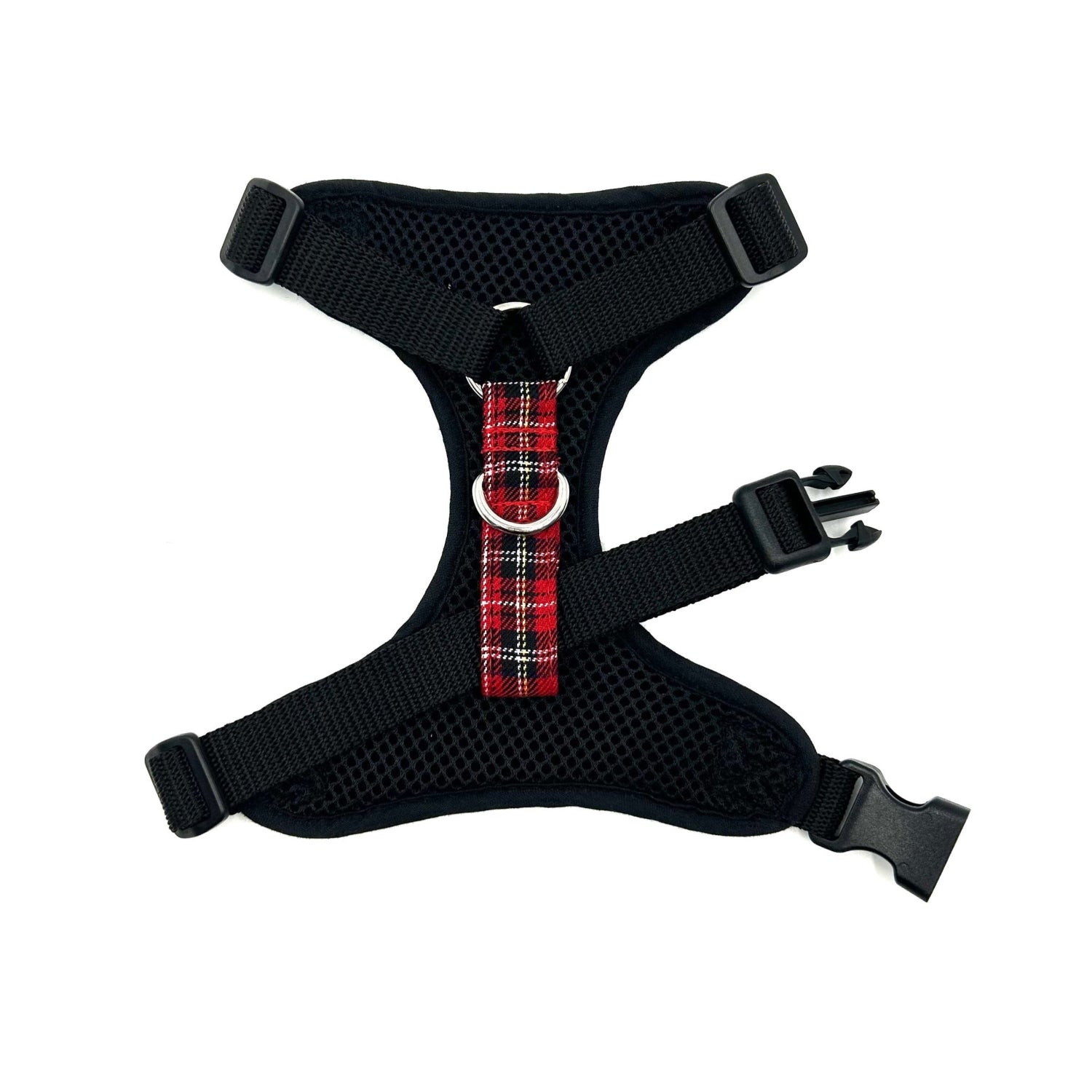 Black dog harness with red plaid pattern on a white background