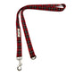 Red plaid dog leash with a metal clip on a white background