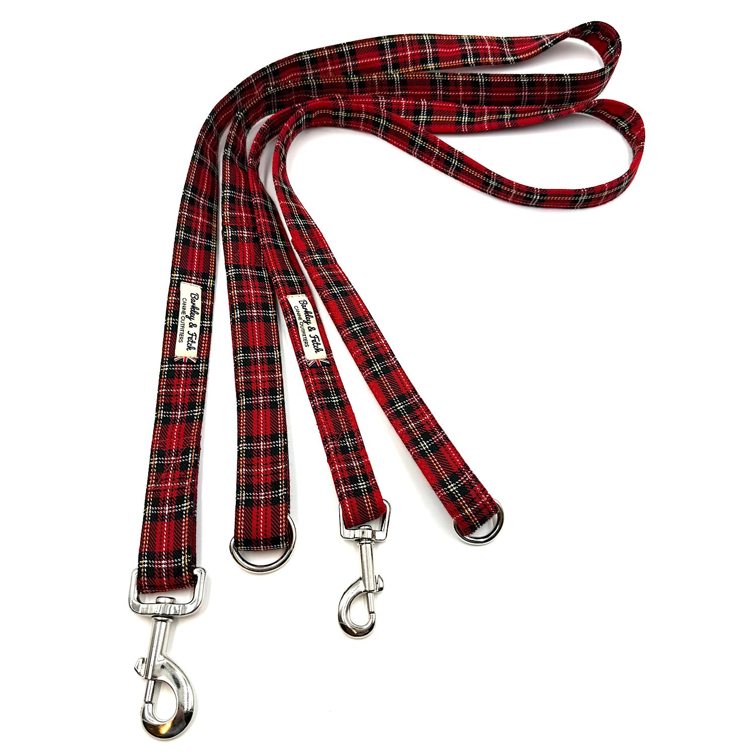 Red plaid dog leash with metal clip on a white background