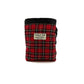 Red plaid fabric pouch with black top on a white background