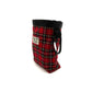 Red plaid dog treat bag with black drawstring on a white background