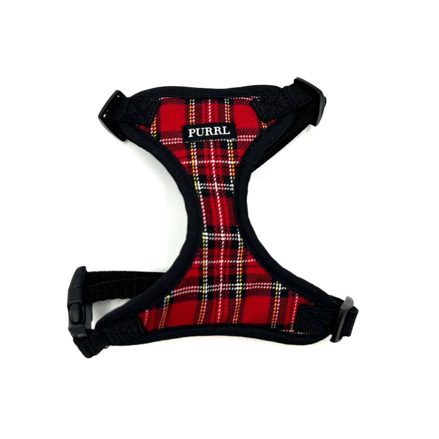 Red plaid pet harness with 'PURL' branding on a white background handmade by Barkley And Fetch