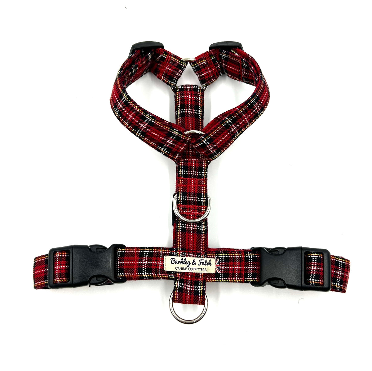 Red and black plaid dog harness with visible brand name on a white background handmade in the UK by Barkley And Fetch