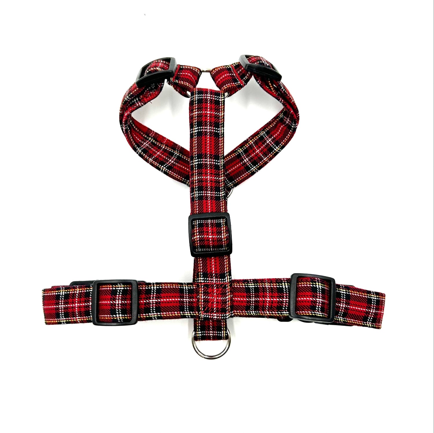 Red and black plaid dog harness on a white background handmade by Barkley and fetch UK