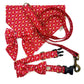 Red dog collar, leash, and bow tie set with reindeer pattern on a white background handmade in uk by Barkley and Fetch