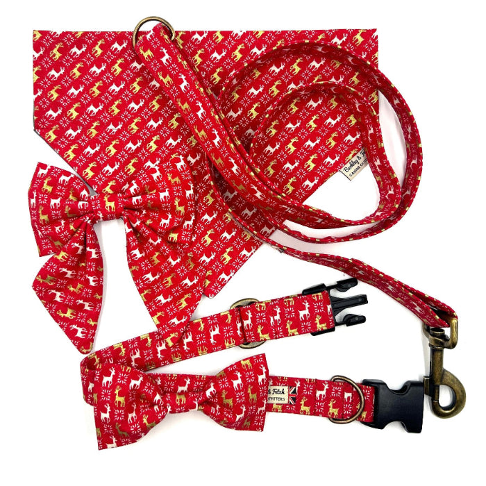 Red dog collar, leash, and bow tie set with reindeer pattern on a white background handmade in uk by Barkley and Fetch