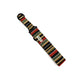 Striped watch strap with a brand label on a white background