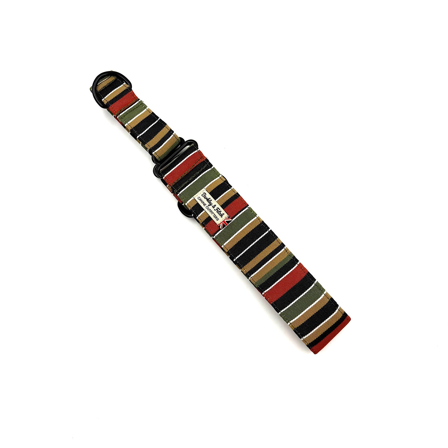 Striped watch strap with a brand label on a white background