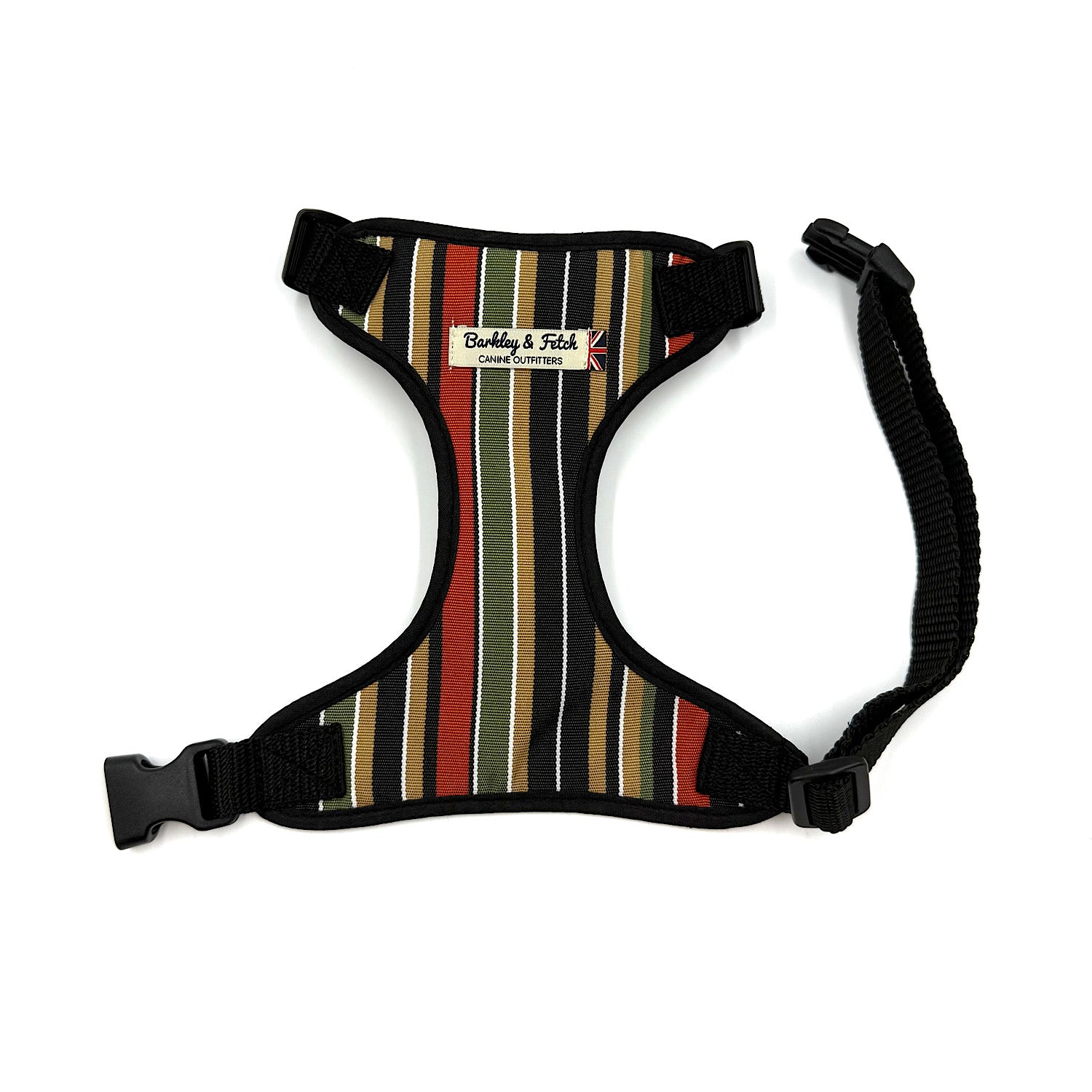 Striped dog harness with a visible brand label on a white background