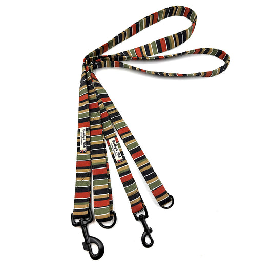 Striped dog leash with black clips on a white background