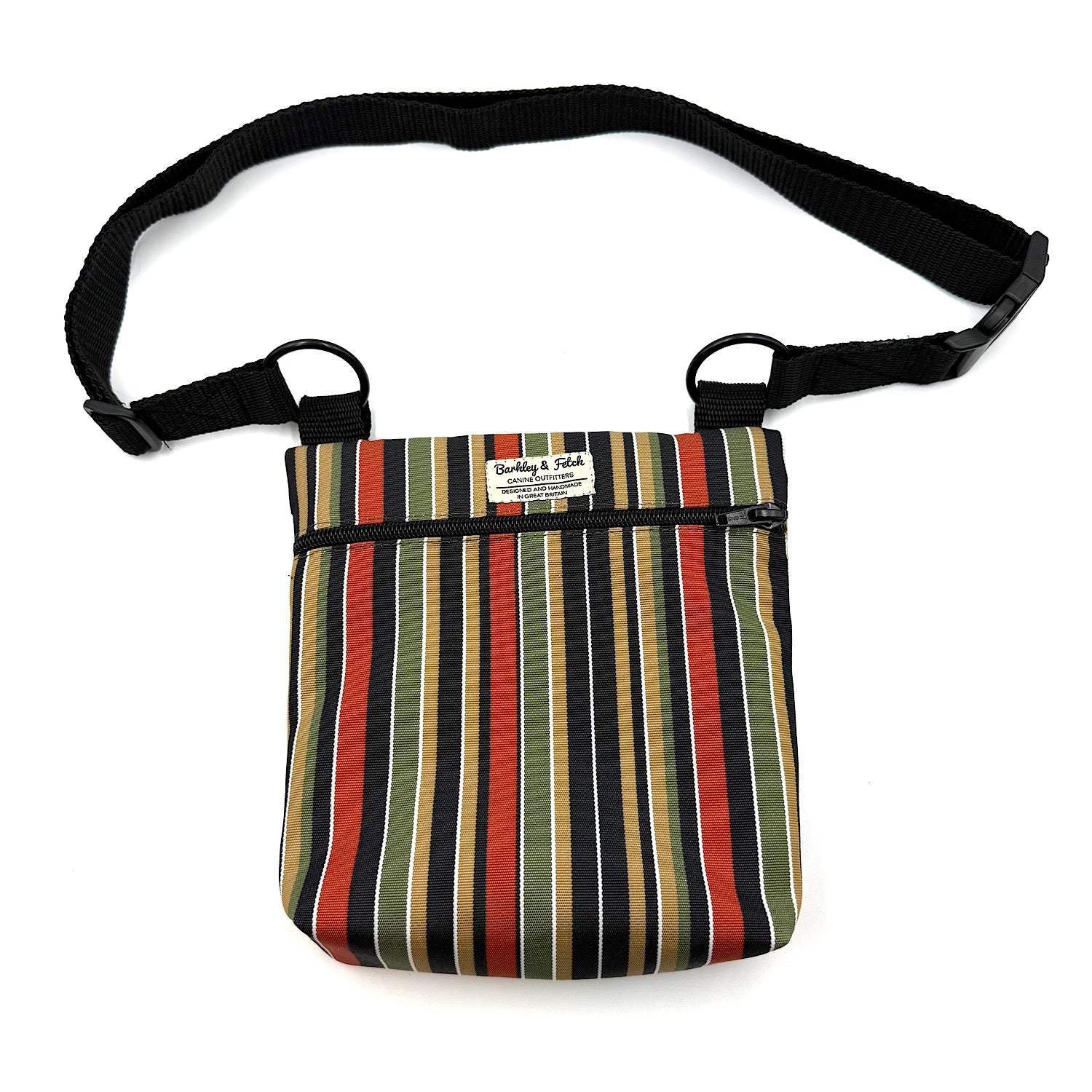 Striped bag with a black strap on a white background