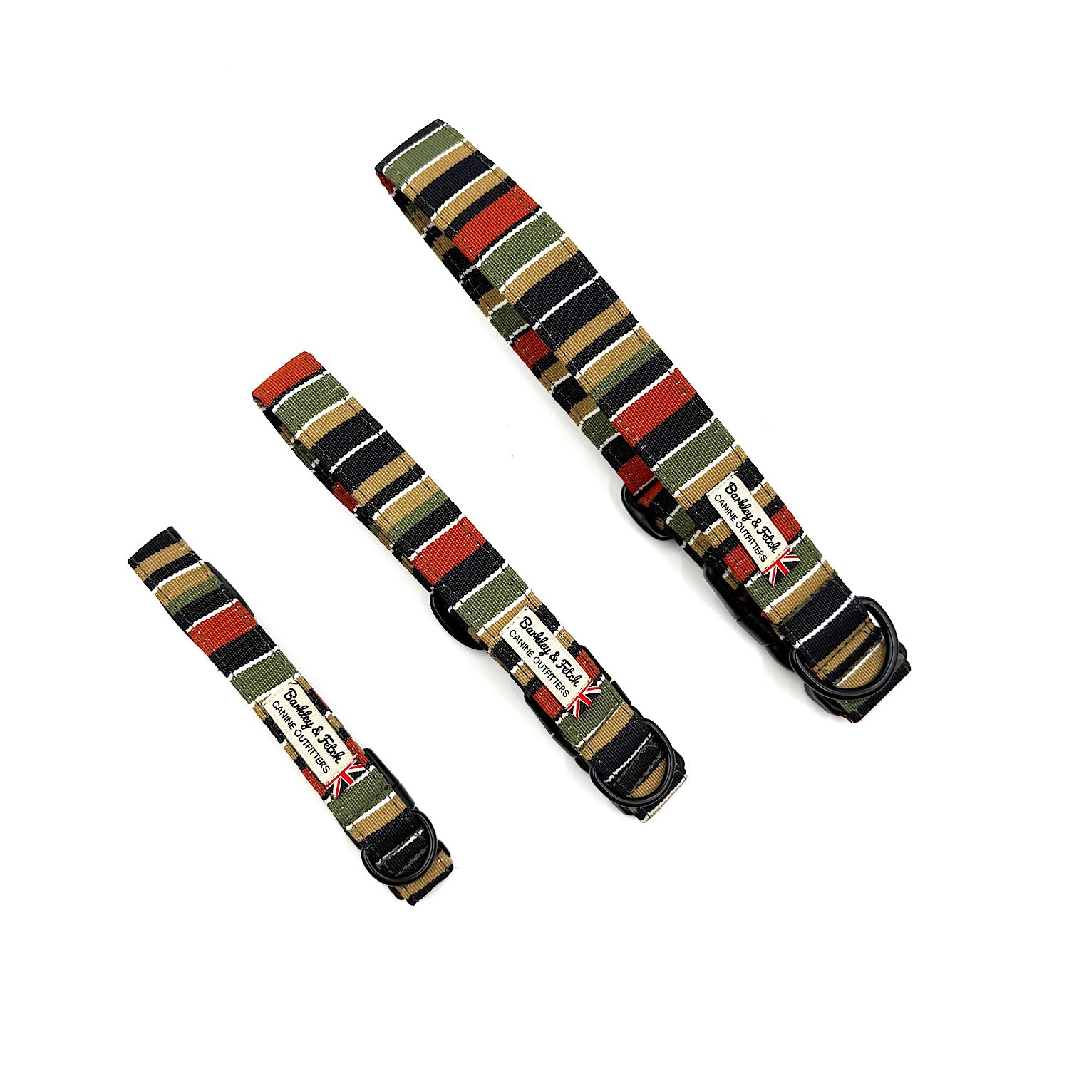 Two striped dog collars with labels on a white background