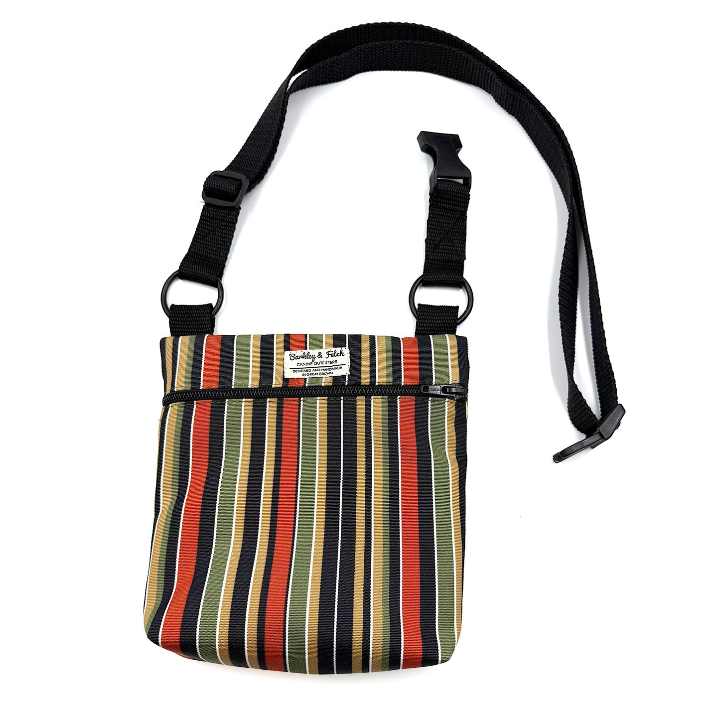Striped bag with a black strap on a white background