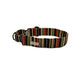Striped dog collar with a brand label on a white background