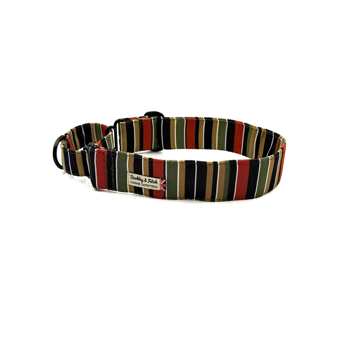 Striped dog collar with a brand label on a white background