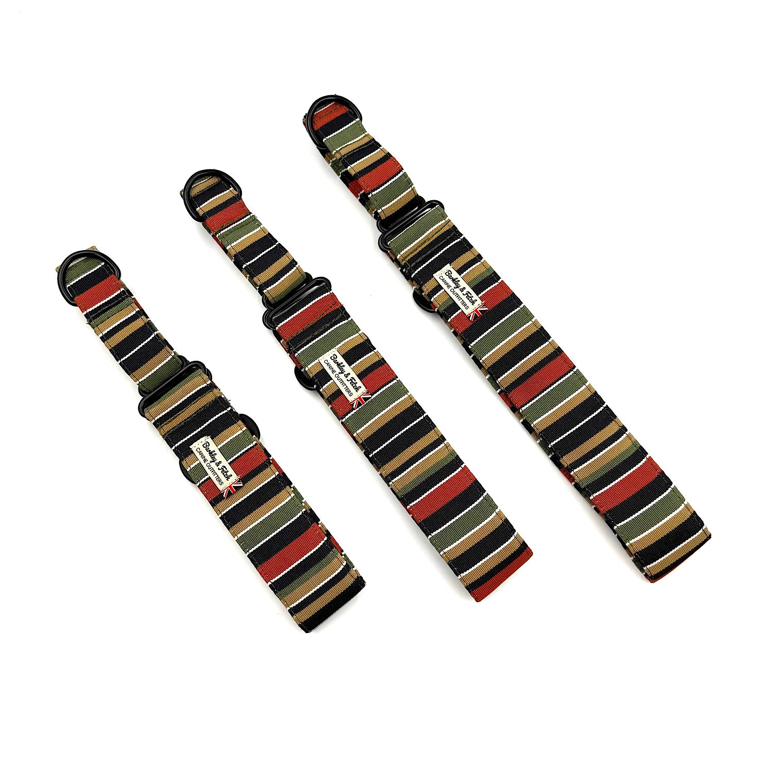 Three striped watch straps on a white background
