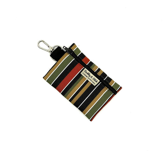Striped pouch with a keychain clip on a white background