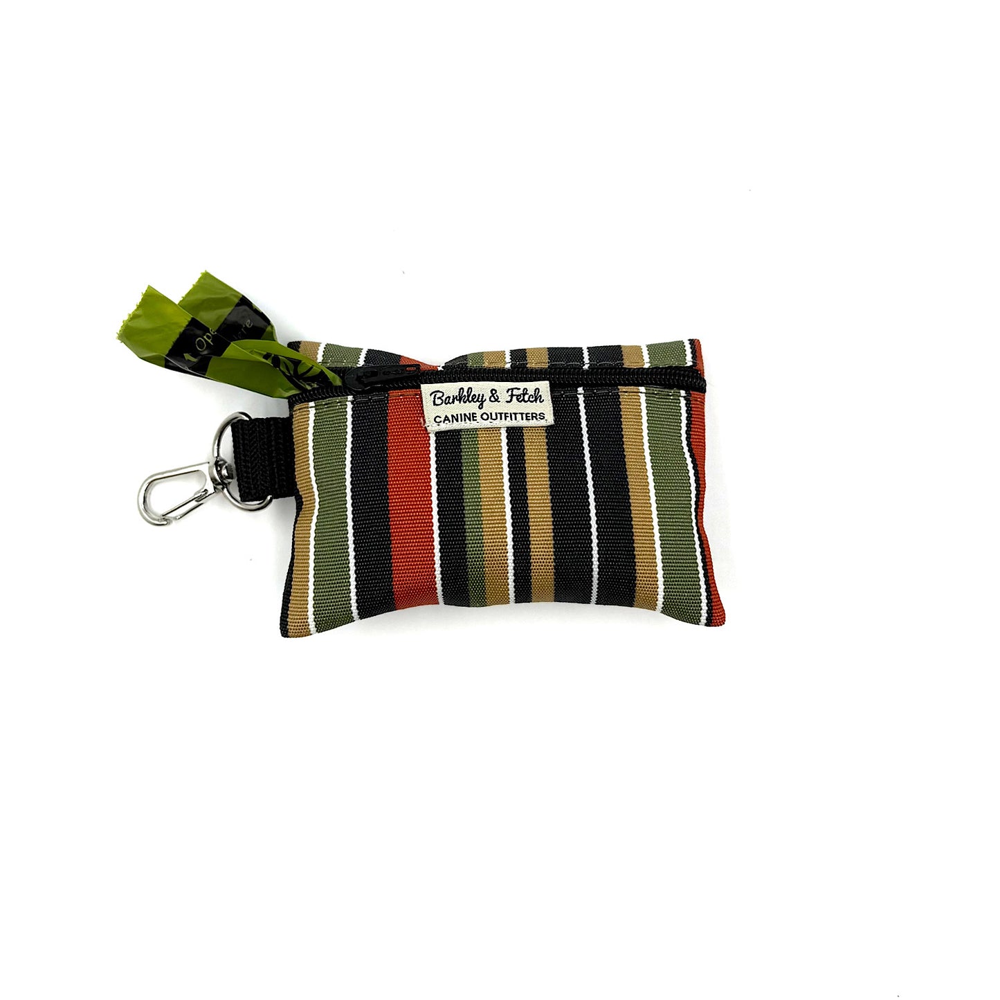 Striped dog waste bag holder with keychain on a white background