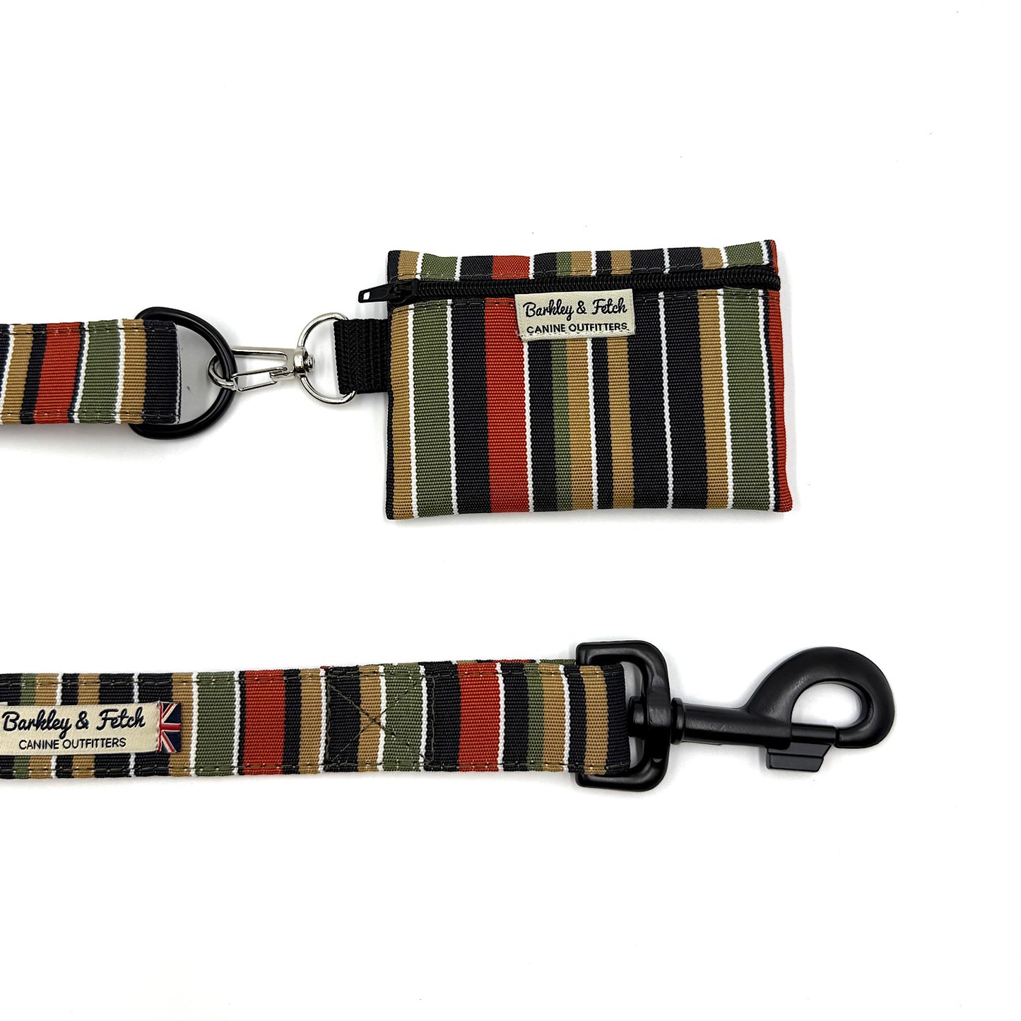 Striped dog leash and matching keychain with 'Barkley & Fetch' branding on a white background.