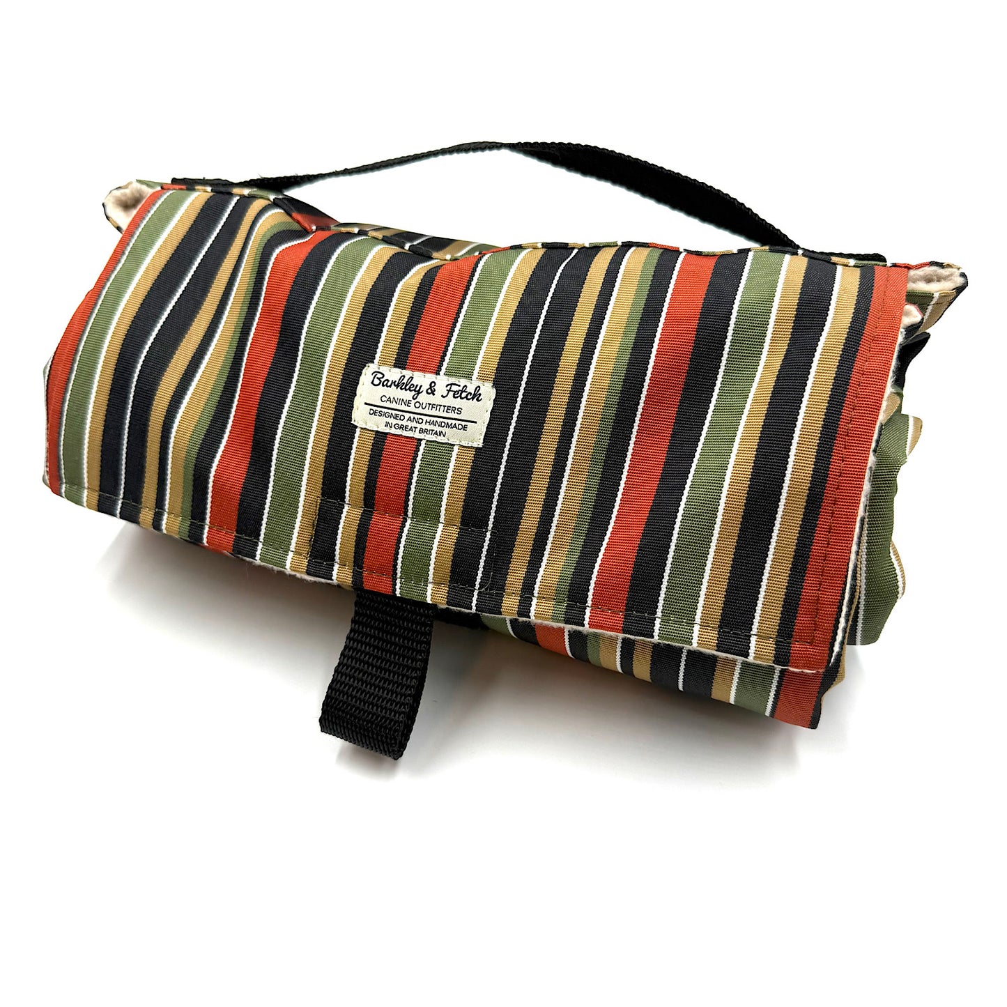 Striped fabric roll with a visible brand label on a white background