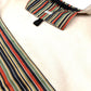 Striped fabric with a visible brand label on a white background