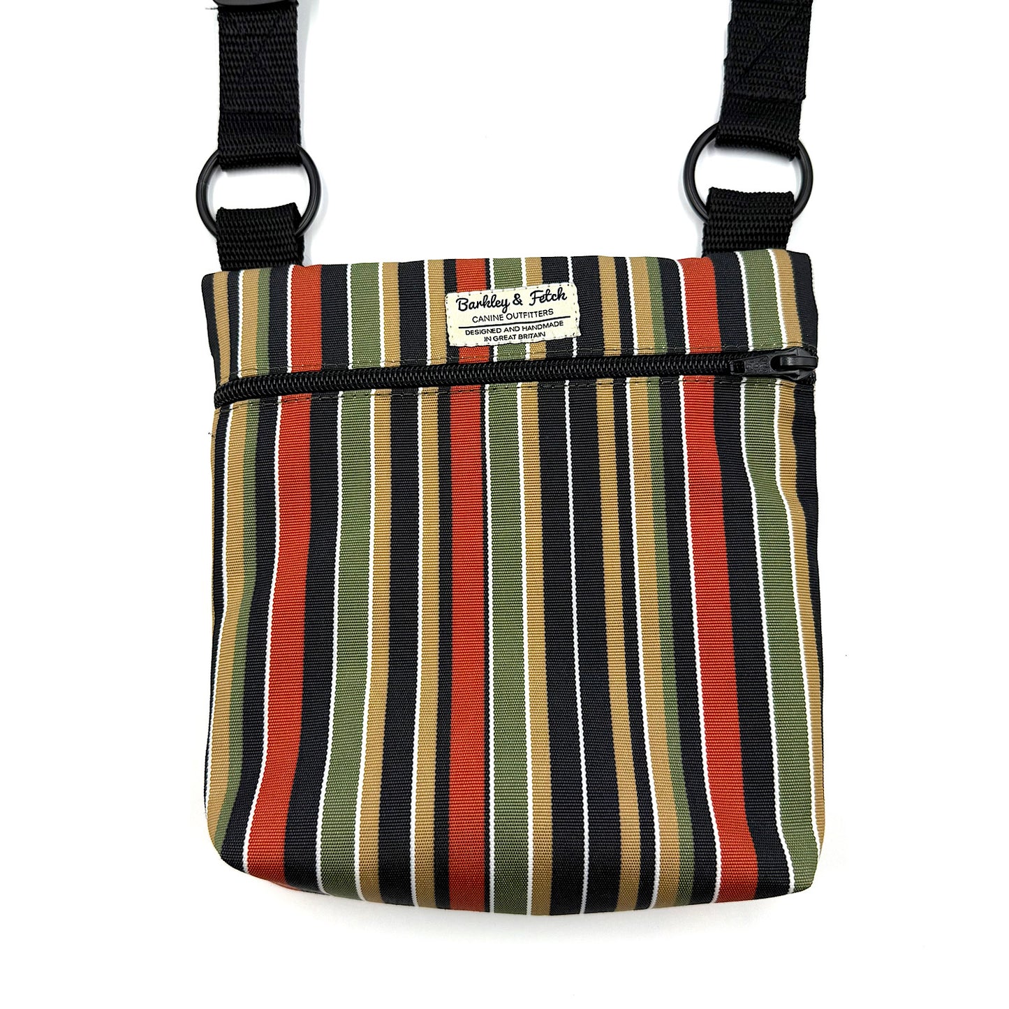 Striped bag with a visible brand label on a white background
