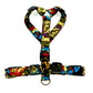 Colorful floral-patterned dog harness on a white background