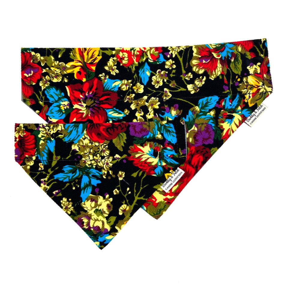 Colorful floral patterned bandana on a black background