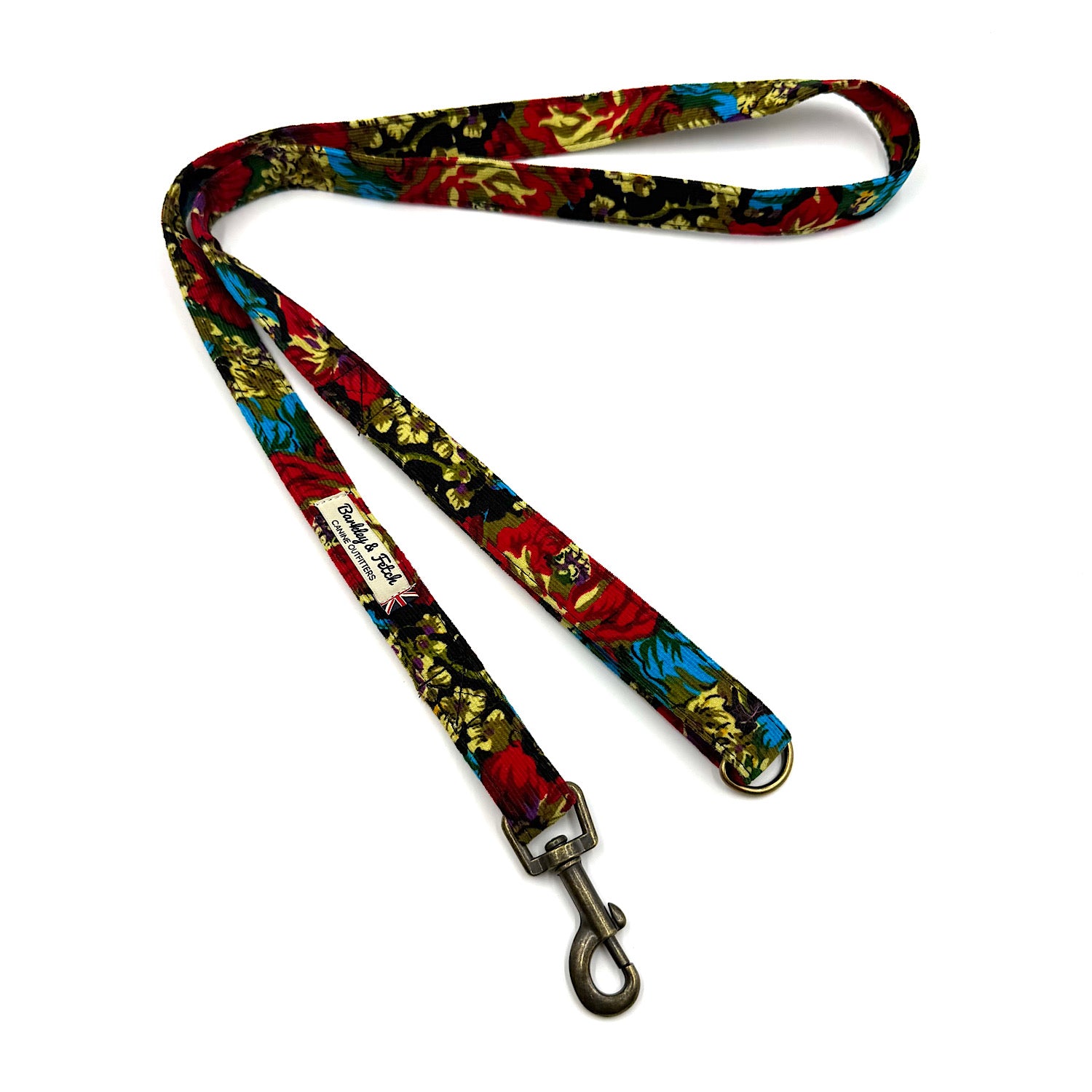 Colorful floral-patterned dog leash on a white background