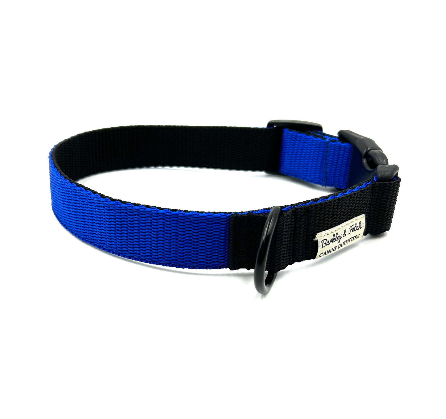 handmade royal and black colour block dog collar on a white background