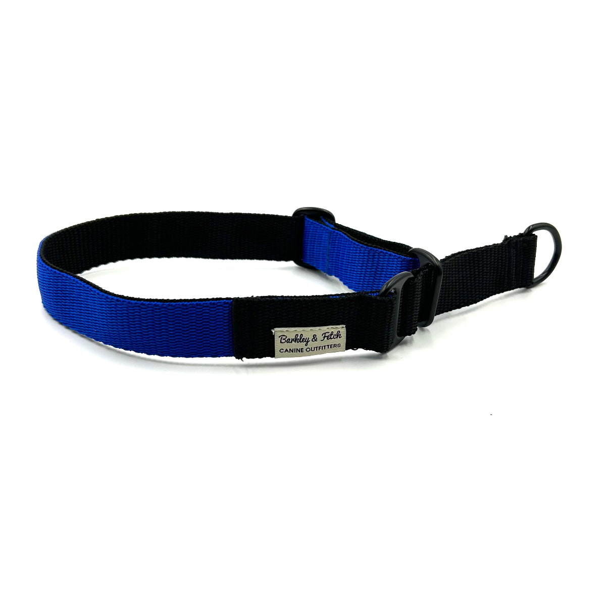 Blue and black dog collar with a visible brand logo on a white background handmade by barkley and fetch uk