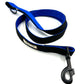 Blue and black dog leash on a white background handmade by Barkley and fetch UK