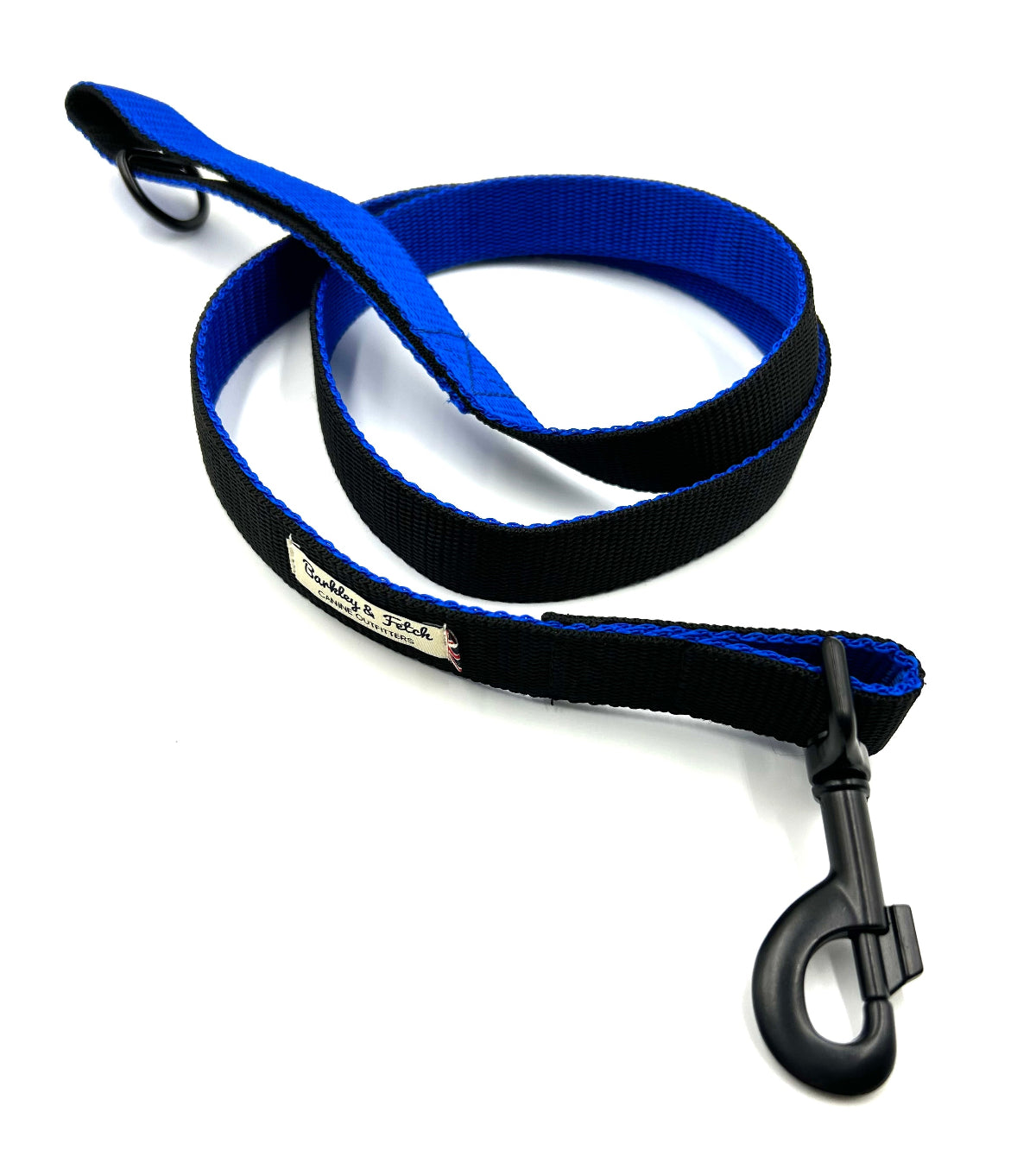 Blue and black dog leash on a white background handmade by Barkley and fetch UK