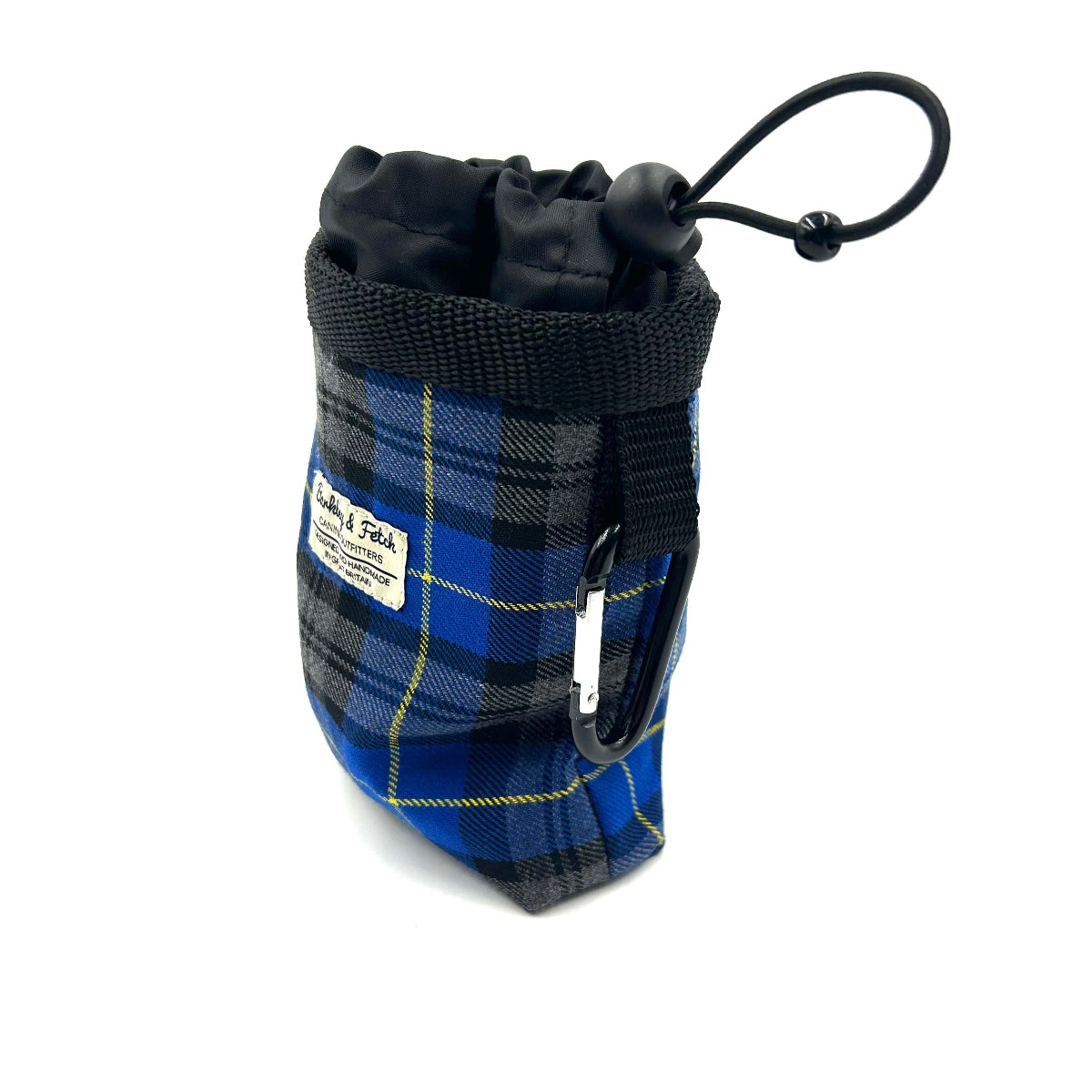 Blue and black plaid pouch with a carabiner on a white background
