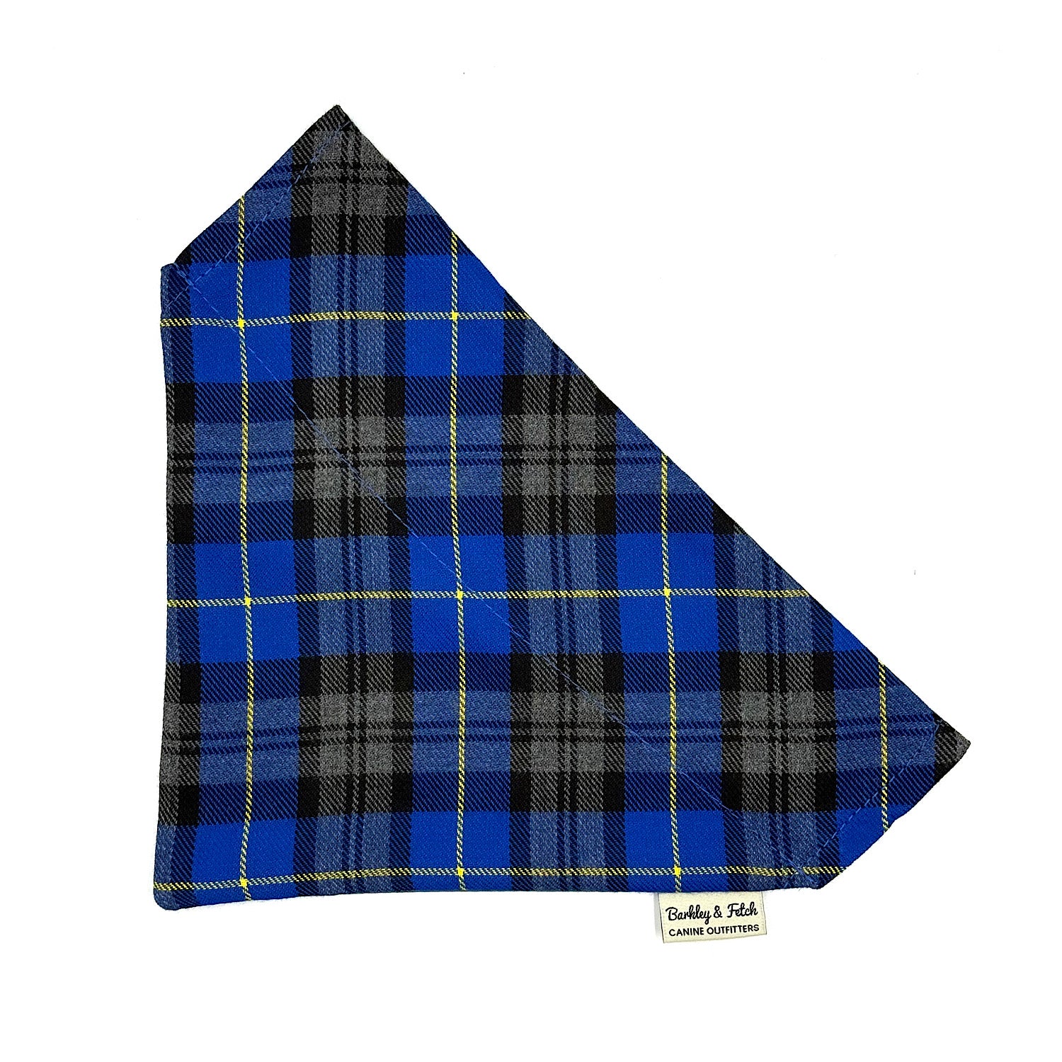 Blue and black plaid bandana with a brand logo on a white background