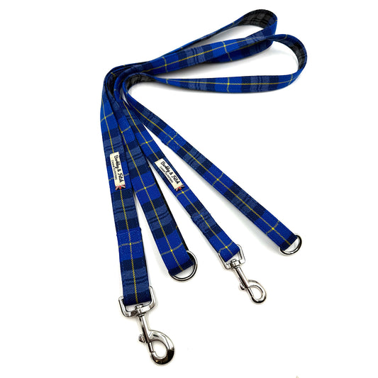 Blue plaid dog leash with metal clips on a white background