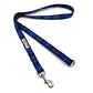 Blue plaid dog leash with metal clip on a white background