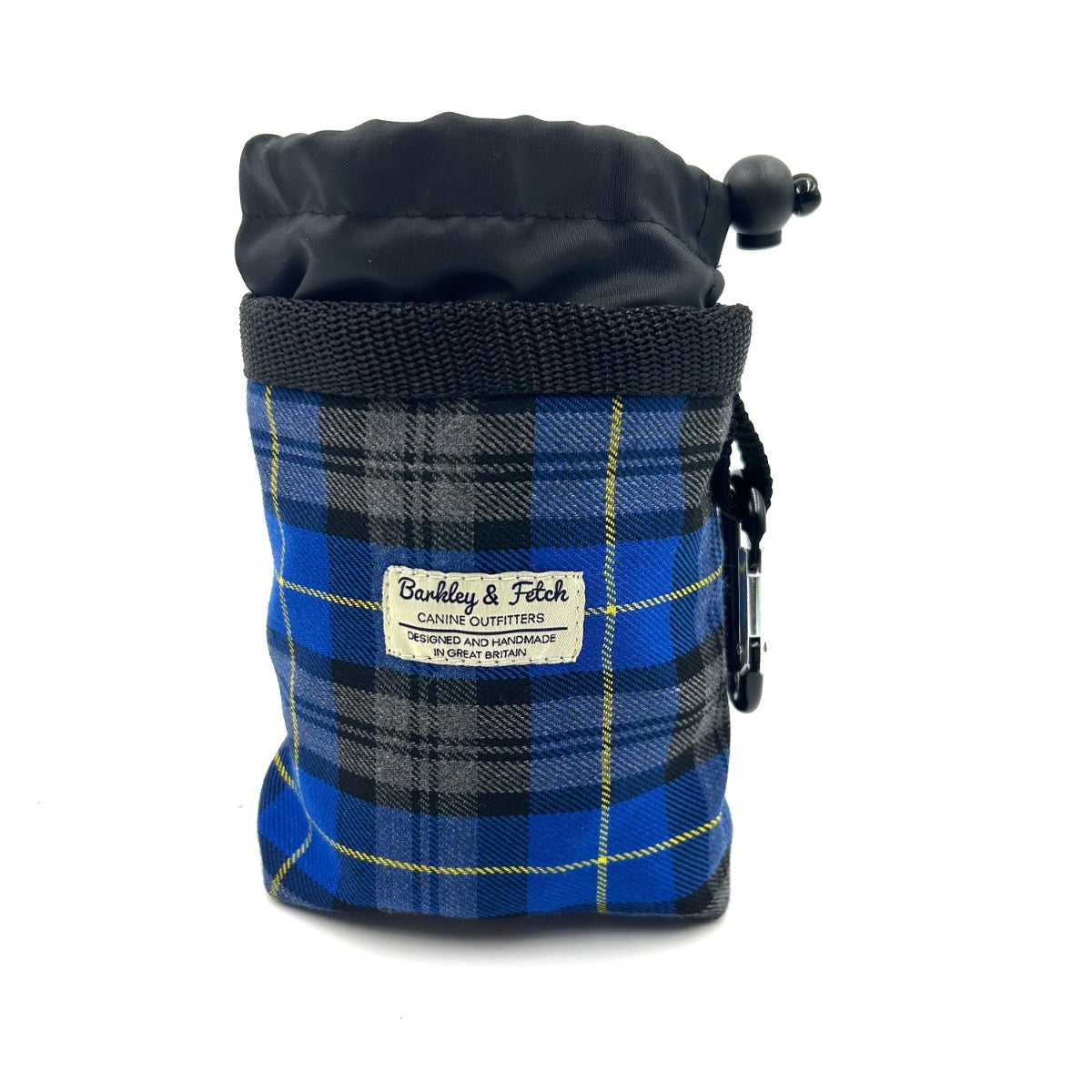 Blue plaid dog training pouch with black accents on a white background