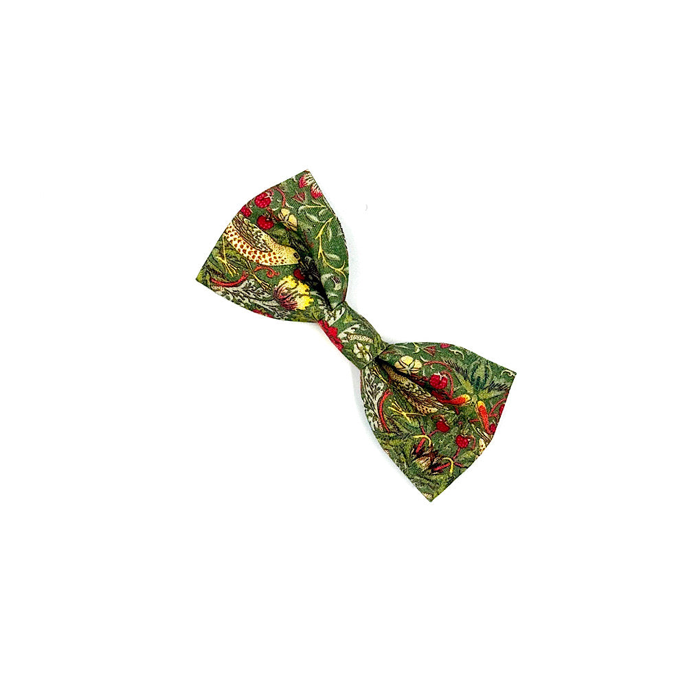 Green bow tie with nature-themed pattern on a white background. Handmade in UK by Barkley and Fetch