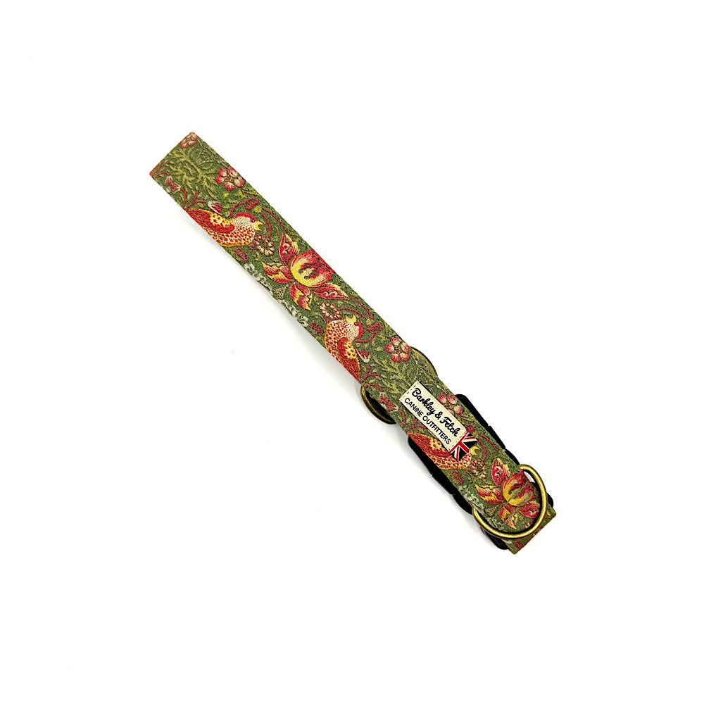 Decorative dog collar with floral pattern on a white background. Handmade in UK by Barkley and Fetch