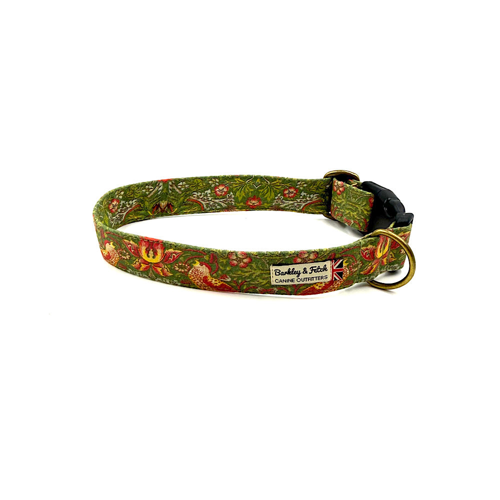 Dog collar with floral strawberry thief pattern on a white background. Handmade in UK by Barkley and Fetch