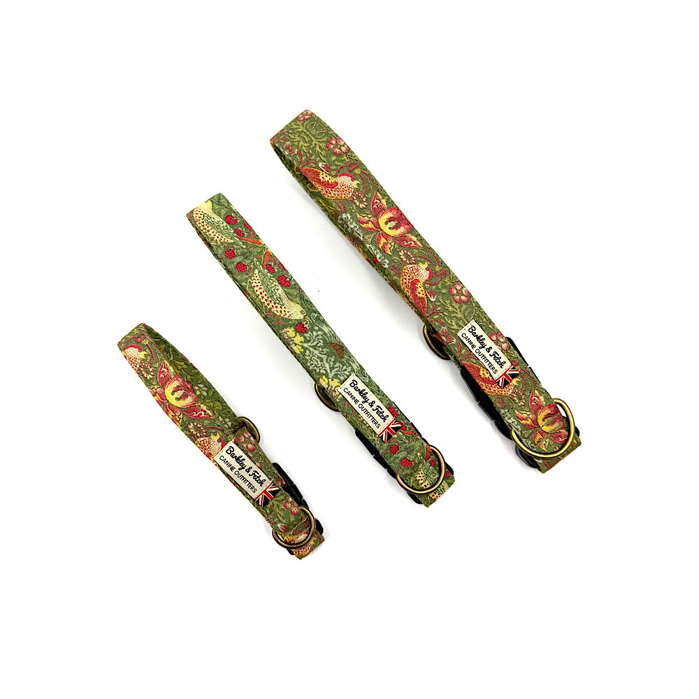 Three decorative dog collars with floral patterns on a white background. Handmade in UK by Barkley and Fetch