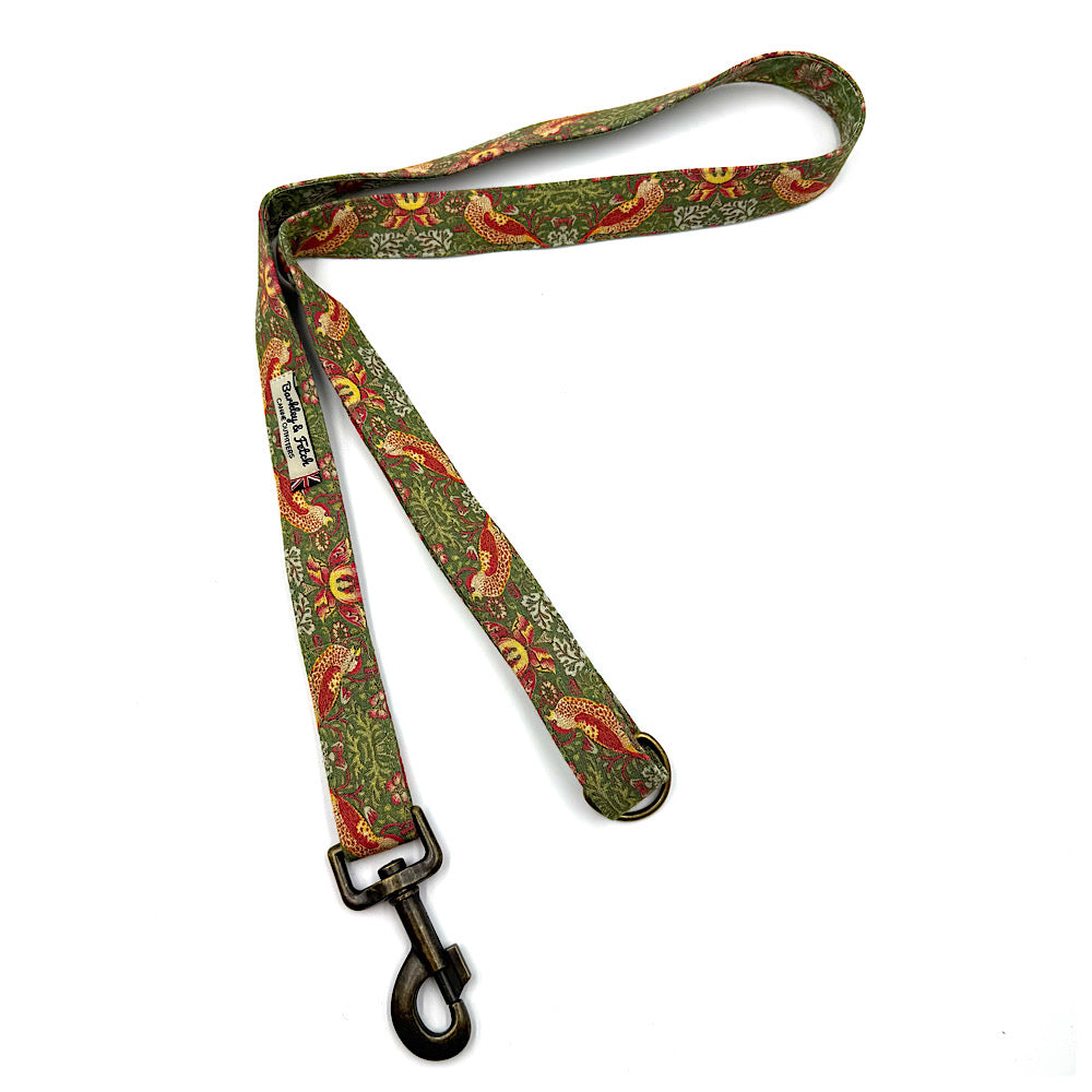 Dog leash with floral pattern on a white background. Handmade in UK by Barkley and Fetch