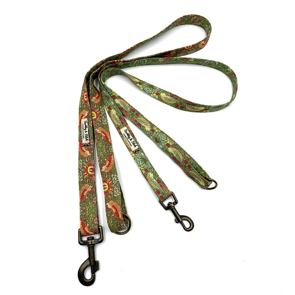 Dog leash with floral pattern on a white background. Handmade in UK by Barkley and Fetch