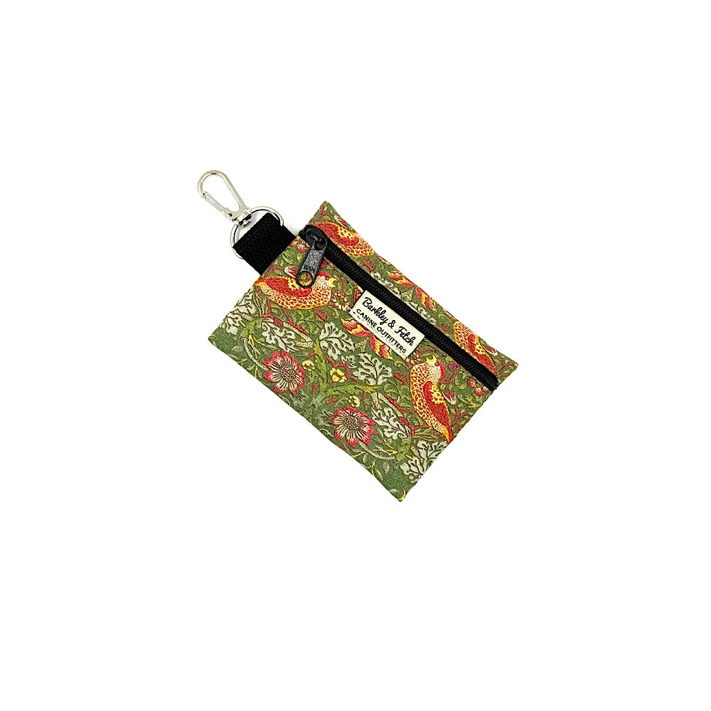 Small pouch with floral design and keychain clip on a white background HANDMADE BY BARKLEY and FETCH