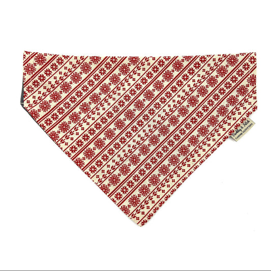 A red and white geometric patterned dog bandana handmade by Barkley and Fetch UK