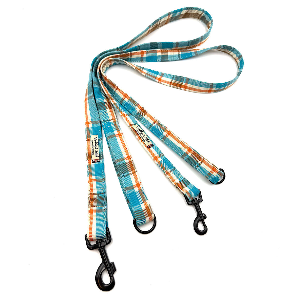 Plaid dog leash with black clip on a white background handmade in Uk by Barkley and Fetch